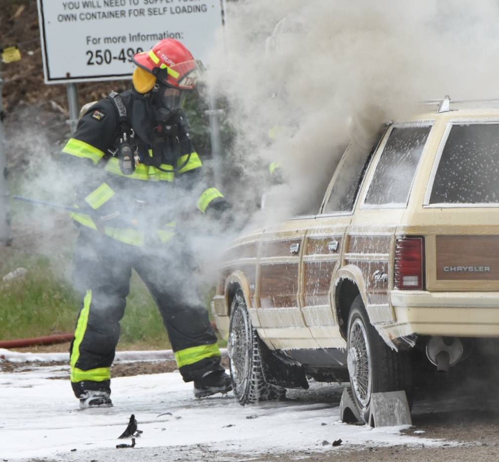 Fire crews responded to a car fire at the Penticton landfill Tuesday afternoon. Mark Brett/Western News