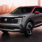 Physical changes for the 2025 Nissan Kicks include substituting Nissan’s V-Motion grille for a cleaner-look design with four horizontal bars extending nearly the full width of the body. Photo courtesy Nissan
