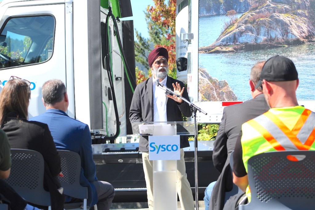 Harjit Sajjan, Canada's emergency preparedness minister, at a Sept. 5 announcement on food distribution company Sysco's first electric trucks in Canada operating out of Langford.