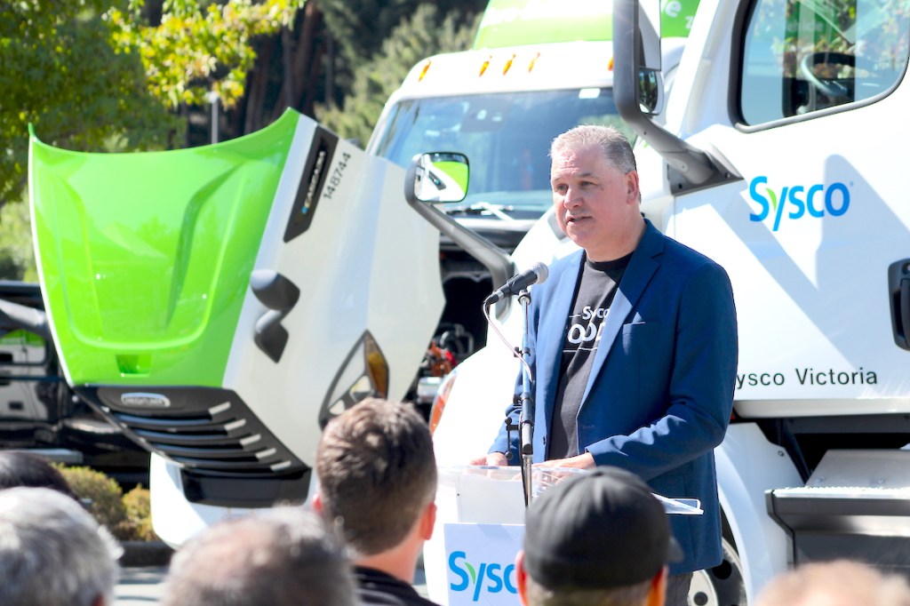 Sysco's B.C. region president Bill Harasymchuk at a Sept. 5 announcement on the food distribution company's first electric trucks in Canada operating out of Langford.
