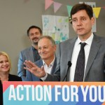 David Eby at an announcement in Maple Ridge on Oct. 7, flanked by local MLAs Lisa Beare and Bob D'Eith.