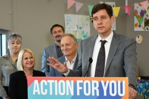 David Eby at an announcement in Maple Ridge on Oct. 7, flanked by local MLAs Lisa Beare and Bob D'Eith.