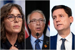 From left: B.C. Green Party Leader Sonia Furstenau, Conservative Party of B.C. Leader John Rustad and B.C. NDP Leader David Eby.