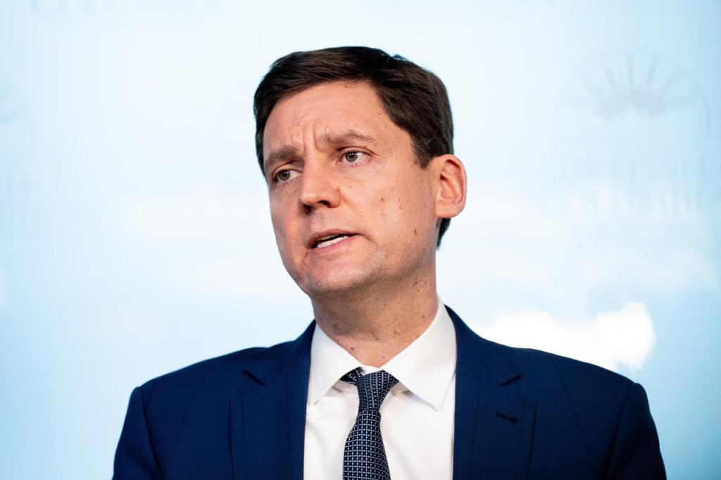 B.C. Premier David Eby speaks during a news conference in Vancouver on Monday, Feb. 5, 2024.