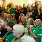 B.C. Green Party supporters gather in Victoria Saturday, Oct. 19, 2024 ahead of the polls closing.