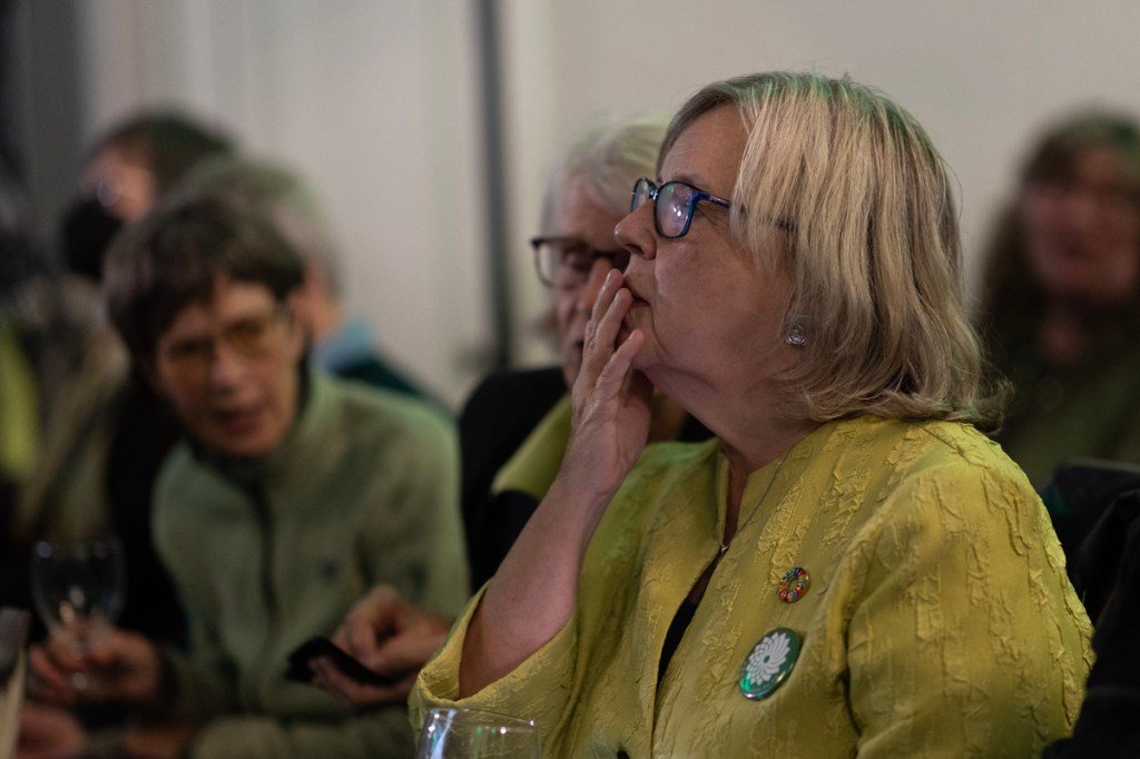 Federal Green Party MP Elizabeth May watches election results as Sonia Furstenau is behind NDP candidate Grace Lore. BC Green Party headquarters at the Delta Hotels Victoria Ocean Pointe Resort in Victoria, B.C., Canada.