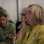 Federal Green Party MP Elizabeth May watches election results as Sonia Furstenau is behind NDP candidate Grace Lore. BC Green Party headquarters at the Delta Hotels Victoria Ocean Pointe Resort in Victoria, B.C., Canada.