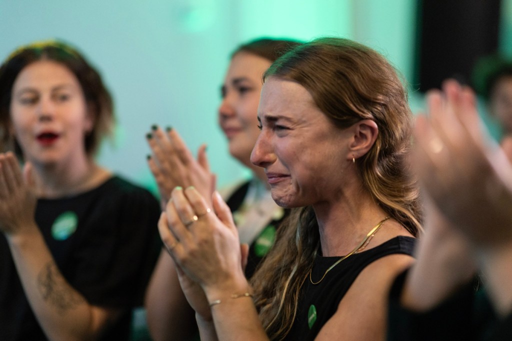 BC Green Party supporters show their emotion and support as Sonia Furstenau loses her seat to NDP candidate Grace Lore. BC Green Party headquarters at the Delta Hotels Victoria Ocean Pointe Resort in Victoria, B.C., Canada.