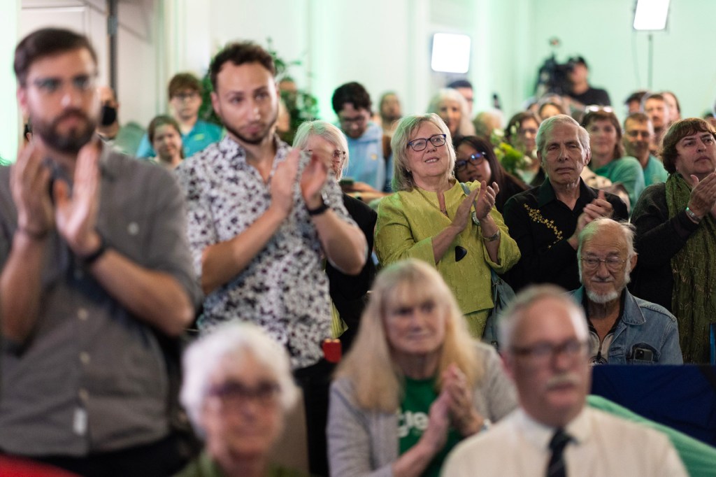 BC Green Party supporters show their emotion and support as Sonia Furstenau loses her seat to NDP candidate Grace Lore. BC Green Party headquarters at the Delta Hotels Victoria Ocean Pointe Resort in Victoria, B.C., Canada.