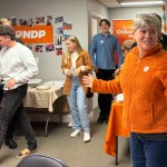 Josie Osborne, right, NDP MLA-elect for a second term, thanks her campaign team after the results of the 2024 B.C. provincial election are announced.