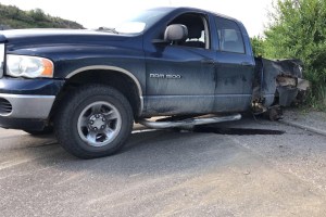 A pickup truck sustained heavy rear-end damage from a collision with a semi truck north of Vernon Tuesday, June 3, 2025.