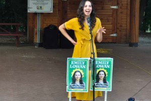B.C. Green Party leadership hopeful Emily Lowan made a stop in Armstrong to meet supporters and answer questions.