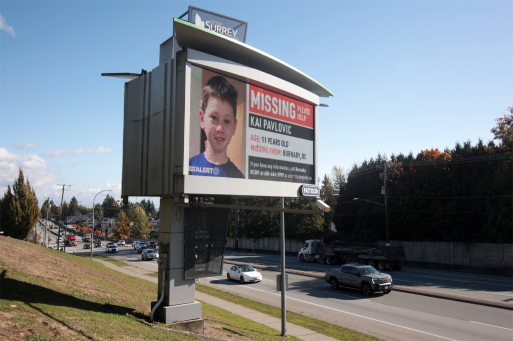 RCMP have launched a billboard campaign to raise awareness in locating an 11-year-old Kai Pavlovic who has been missing for three weeks as of Oct. 17, 2025. (Lauren Collins/Black Press Media)