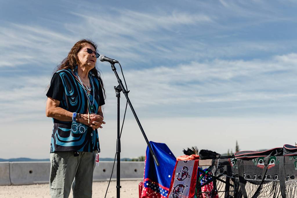 Hereditary Chief Ludooks (Helen Michelle) of the Skin Tyee Nation speaks at a National Indigenous Peoples Day event hosted by her daughter Destiney at 7 Mile Lodge on July 12, 2021.
