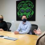 Coastal GasLink president Tracy Robinson (left) and public affairs manager Kiel Giddens (centre) meet with Trista Spencer at TC Energy’s Prince George office.