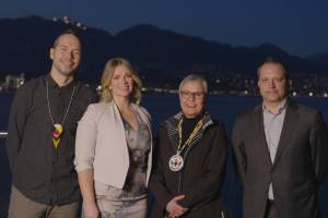 (L to R) Chief Justin Napoleon, Saulteau First Nations which is a member of the FN CGL Pipeline Limited Partnership; Tiffany Murray, Director of Indigenous Relations, Coastal GasLink; Chief Corrina Leween, Cheslatta Carrier Nation which is a member of the CGL First Nations Limited Partnership Management Committee; and Bevin Wirzba, Coastal GasLink President at the signing ceremony held at the Vancouver Convention Centre West on March 8, 2022.