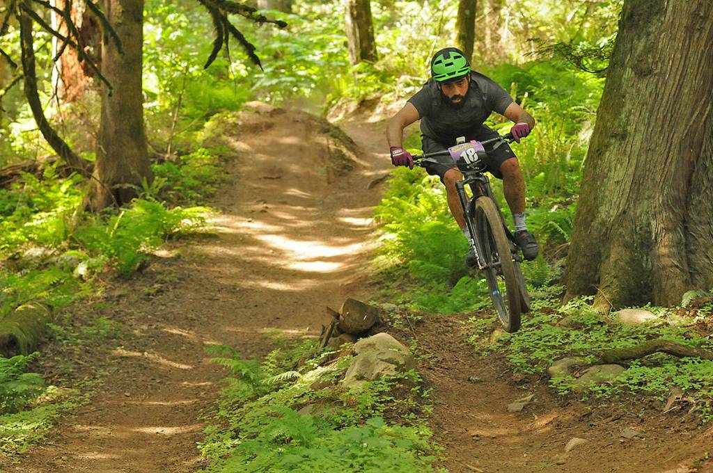 Curtis Spencer gets some air during the Vedder Mountain Classic bike race on May 11, 2019. (Jenna Hauck/ Chilliwack Progress file)