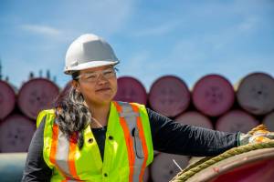 Brianna is a construction monitor on the Coastal GasLink project, reporting back to her community about what she sees along the project route, and ensuring that her community’s perspective is integrated. Photo courtesy CGL