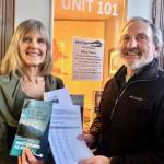Anika Gattiker and Jay Gilden at Stikine MLA Nathan Cullen’s Smithers office to present a petition for more public engagement on the Telkwa Coal project. (Submitted photo)