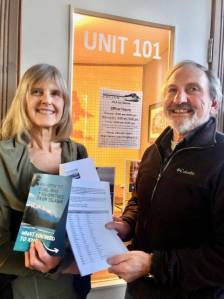 Anika Gattiker and Jay Gilden at Stikine MLA Nathan Cullen’s Smithers office to present a petition for more public engagement on the Telkwa Coal project. (Submitted photo)