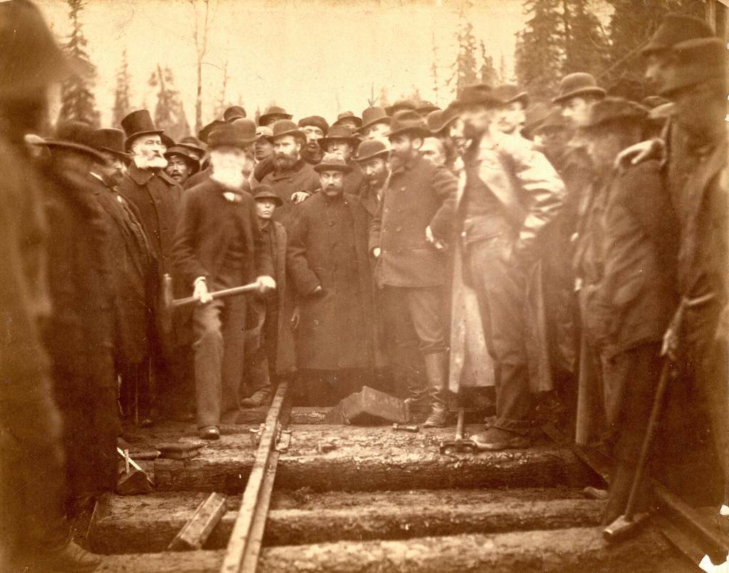 Sir Donald A. Smith drives the Last Spike at Craigellachie on Nov. 7, 1885. (City of Vancouver Archives)