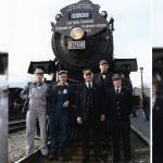 Steam Locomotive No. 1201 was brought across Canada from Ottawa for the 100th anniversary of the Last Spike. From left, the train crew includes fireman Bill Straga, engineer Ernie Ottewell, trainman Bill Pryhitko, conductor O.S. &ldquo;Sinc&rdquo; Jones and trainman Dave Wilford. (Photo by Boyd Higashi)