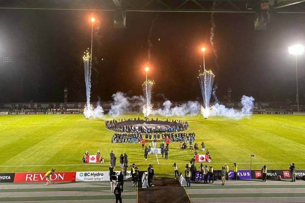 The atmosphere was electric from the start, with pre-match fireworks setting the tone for the historic match, marking the first NSL playoff game played at Swangard Stadium. (Anna Burns/ Black Press Media)