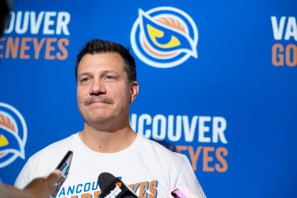 The Vancouver Goldeneyes head coach Brian Idalski talking to the media after the team revealed its new team name and logo in an event at a Cactus Club in Vancouver on Thursday, Nov. 6. (Anna Burns/Surrey Now-Leader)