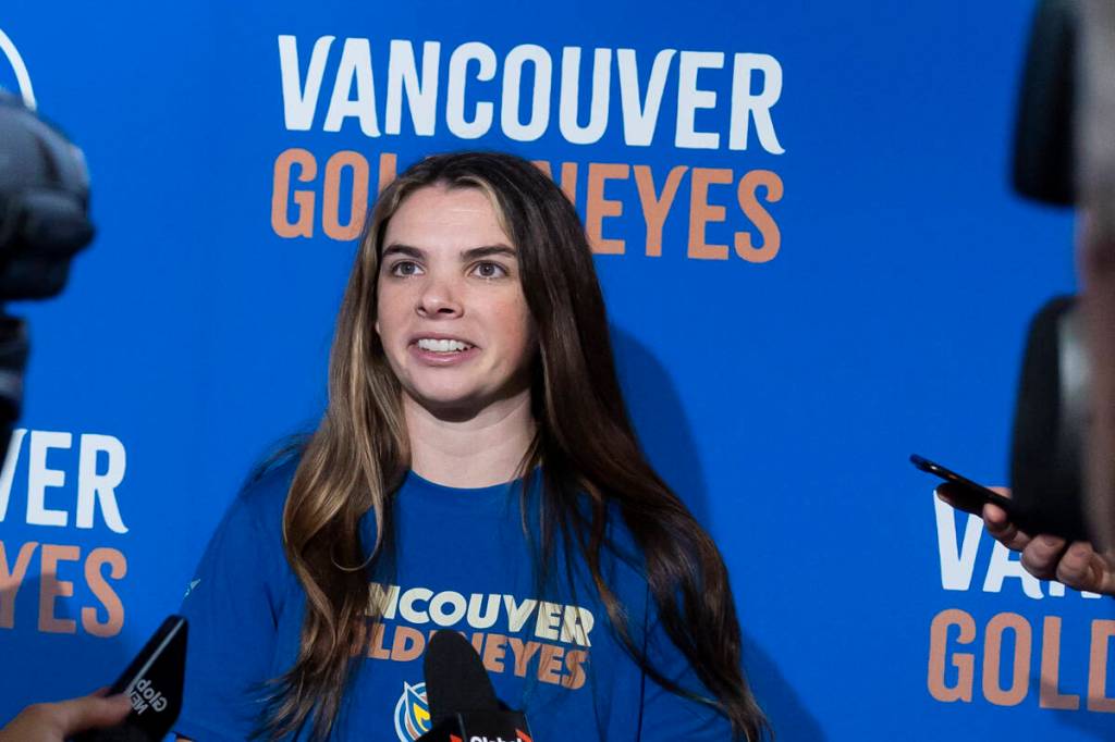 Vancouver Goldeneyes, defender, Mellissa Channell-Watkins, speaking to the media after the Goldeneyes revealed its new team name and logo in an event at a Cactus Club in Vancouver on Thursday, Nov. 6. (Anna Burns/Surrey Now-Leader)