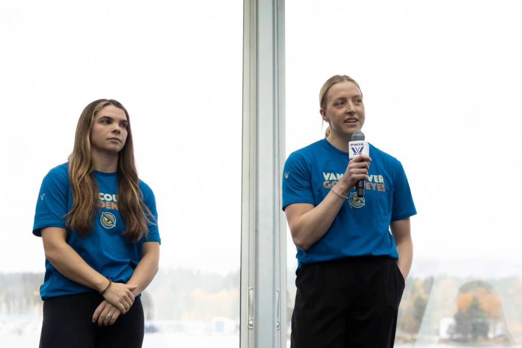 Goldeneyes defenders Ashton Bell, left, and Mellissa Channell-Watkins shared their excitement about the new logo and team name. (Anna Burns/Surrey Now-Leader)