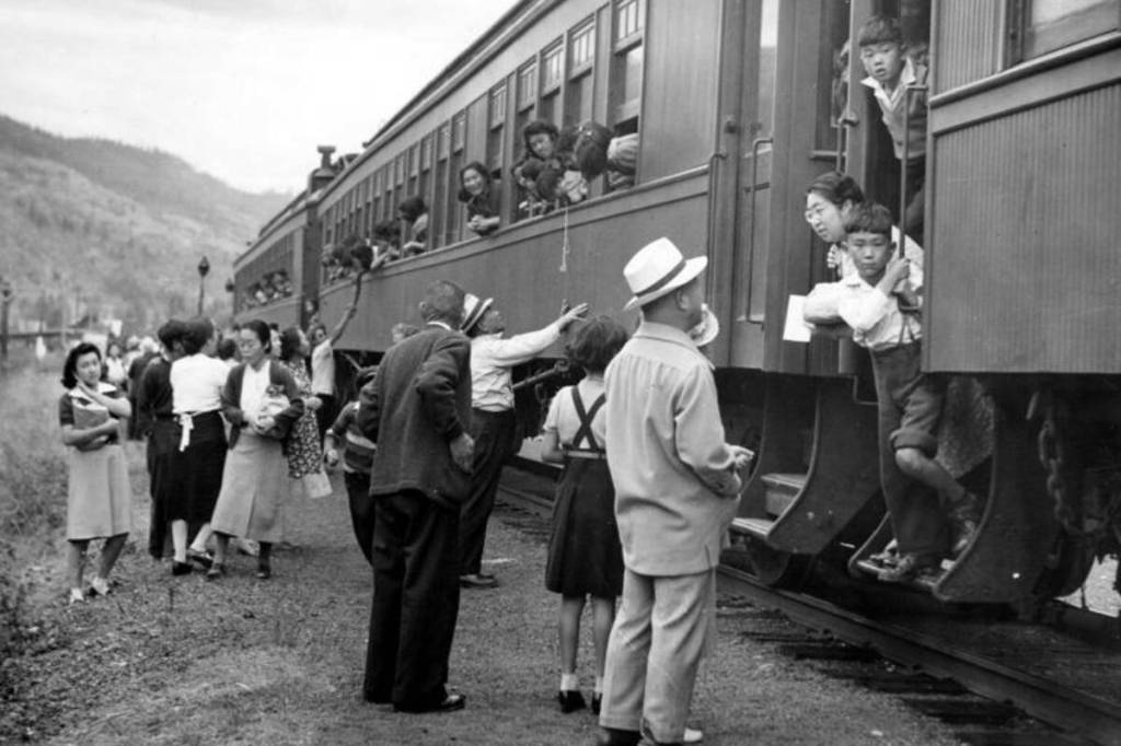 Japanese Canadians leaving Vancouver for the internment camps at Slocan, 1942. (Leonard Frank/Nikkei National Museum)