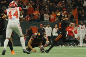 Lions kicker Sean Whyte connects on a 43-yard field goal to give BC a 33-30 win over the Calgary Stampeders in the Western Semi-Final last Saturday at BC Place. Despite going 39 for 41 with three walk-off field goals, voters snubbed Whyte when it came to the ALL-CFL team. BC Lions photo