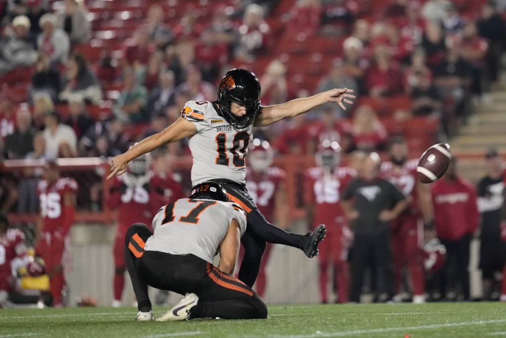 White Rock BC Lions kicker Sean Whyte vs. Calgary Stampeders during the Indigenous Celebration game at McMahon Stadium in Calgary, Alta., on Sept. 19. Whyte and five of his teammates have been named to the CFL&rsquo;s West Divison All-CFL team. (CFL photo)