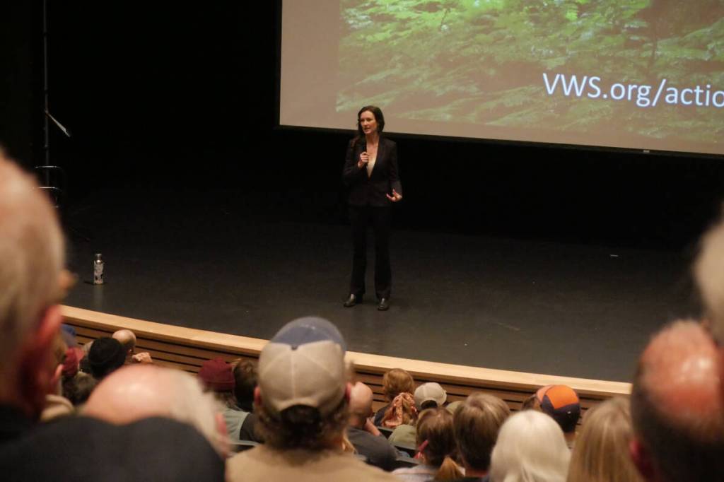 Biologist Amber Peters of the Valhalla Wilderness Society speaks at the Safe Haven: The Rainbow-Jordan Wilderness screening Oct. 10, 2025. (Evert Lindquist/Revelstoke Review)