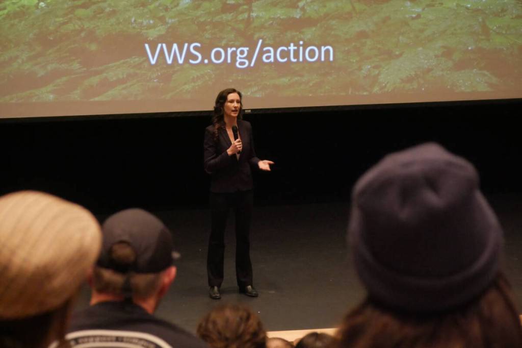 Biologist Amber Peters of the Valhalla Wilderness Society speaks at the Safe Haven: The Rainbow-Jordan Wilderness screening Oct. 10, 2025. (Evert Lindquist/Revelstoke Review)