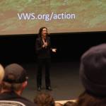 Biologist Amber Peters of the Valhalla Wilderness Society speaks at the Safe Haven: The Rainbow-Jordan Wilderness screening Oct. 10, 2025. (Evert Lindquist/Revelstoke Review)