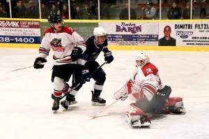 The Hazelton Wolverines (white) beat the defending CIHL champion Terrace River Kings 8-4 in Senior Men&rsquo;s AA hockey Nov. 15 in Terrace. (Terrace River Kings)