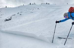 A backcountry skier inspects a 50-metre crown left by an avalanche in Glacier National Park&rsquo;s Balu Pass on Saturday morning, Nov. 8. (Photo courtesy Avalanche Canada)