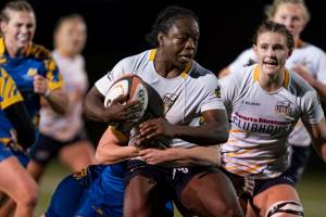 Coldstream&rsquo;s Mya Koleba (right) of the UBC Thunderbirds is there in support of teammate Kiki Idowu (with ball) against the University of Victoria Vikes in the U-SPORTS Women&rsquo;s Rugby 15s national championship game in Vancouver on Nov. 2. The T-Birds defeated Victoria for the first time all-season, 15-13, to win a second straight national title. (UBC Athletics photo)