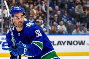 Vancouver Canucks forward Max Sasson, in action Tuesday, Nov. 11 during an NHL contest against the Winnipeg Jets at Rogers Arena in Vancouver. (https://x.com/Canucks photo)