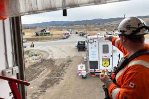 Crew and equipment involved in the cleanup of the CPKC derailment near Cherry Creek staged along Gardi Road on Nov. 3. Cleanup is continuing at the site, and the last derailed car was scheduled to be removed on Nov. 10. (Michael Grenier)