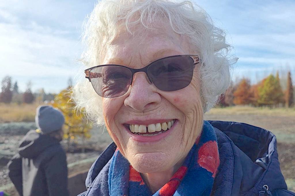 For three years, Joan Richmond has been presenting the stories of Canadian soldiers who are memorialized by the Walk to Remember at Derek Doubleday Arboretum.(Dan Ferguson/Langley Advance Times)