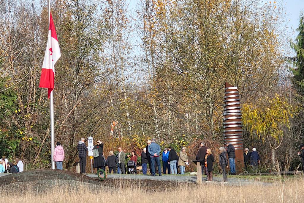 More than 70 people dropped by the Walk to Remember memorial in Derek Doubleday Arboretum for a low-key Remembrance Day. (Dan Ferguson/Langley Advance Times)(Dan Ferguson/Langley Advance Times)