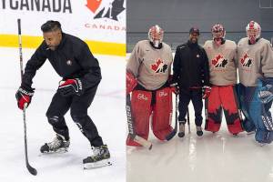 Joey Ali, a goalie coach from Cloverdale, is seen coaching with the Canadian women&rsquo;s team. (Photo: submitted)