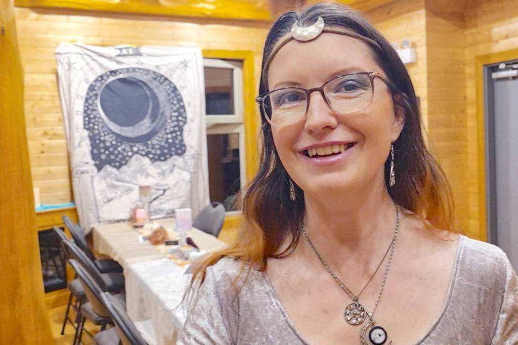 Langley City resident Theresa Rider, admin of the Fraser Witchery Bog Facebook page, at a celebration of the second supermoon of the year at Derek Doubleday Arboretum. (Dan Ferguson/Langley Advance Times)