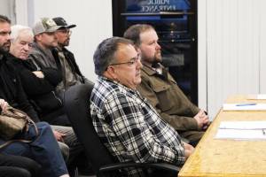 Rob Baron, West Fraser&rsquo;s Regional manager of operations, and Jeremy Schmidt, 100 Mile Lumber&rsquo;s general manager, answer questions during the District of 100 Mile House&rsquo;s Committee of the Whole meeting on Wednesday, Nov. 12. Around a half dozen community members came out to listen to the discussion. (Patrick Davies photo - 100 Mile Free Press)
