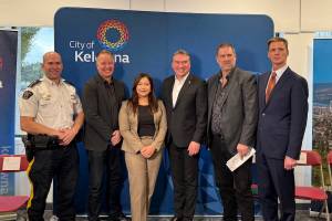 CRCL Kelowna, a community-led program to help those experiencing mental health or substance abuse crisis was announced on Thursday, Nov. 13 by the City of Kelowna. L-R: Kelowna RCMP officer in charge Supt. Chris Goebel, Secretary of State (Defence Procurement) and Kelowna MP Stephen Fuhr, B.C. Parliamentary secretary Amna Shah, Kelowna Mayor Tom Dyas, CMHA Kelowna CEO Mike Gawliuk, and City of Kelowna public safety and policing policy director Darren Caul. (Jordy Cunningham/Black Press Media)