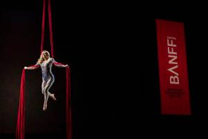 Aerialist Sasha Galitski, the subject of Kimberley director Trixie Pacis&rsquo; film Embers, performs after a screening of the film at the Banff Centre Mountain Film and Book Festival. Rita Taylor/Submitted.