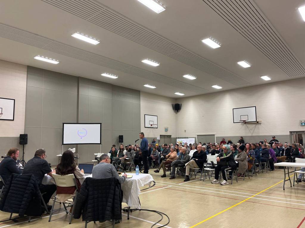 Approximately 100 people showed up to a town hall-style special meeting of Smithers council about the newly opened shelter. About half the people who stood to speak were in favour, while about half were opposed. (Marisca Bakker photo)