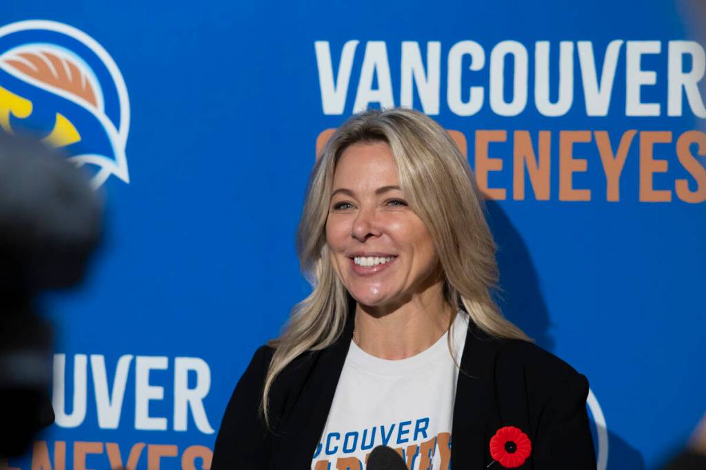 The Vancouver Goldeneyes general manager, Cara Gardner, talking to the media after the team revealed its new team name and logo in an event at a Cactus Club in Vancouver on Thursday, Nov. 6. (Anna Burns/Surrey Now-Leader)
